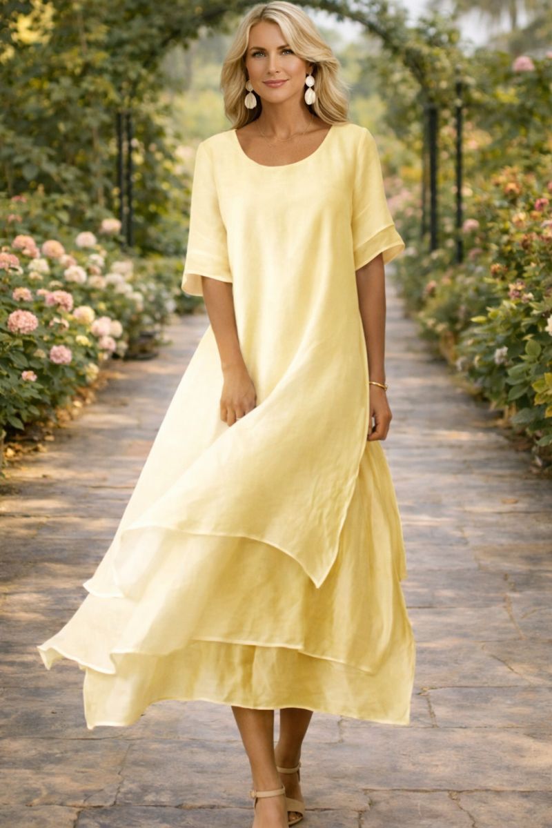 Layered Chiffon Midi Dress with Round Neck