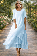 Layered Chiffon Round-Neck Midi Dress