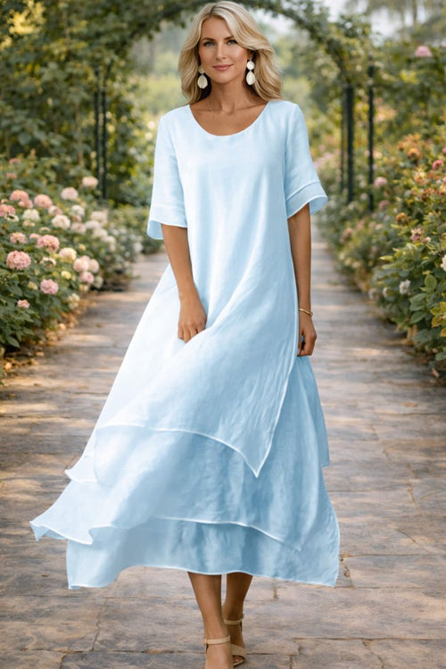 Layered Chiffon Round-Neck Midi Dress