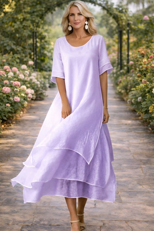 Women's Layered Chiffon Midi Dress – Round Neck Loose Fit Elegant Dress