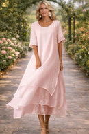 Layered Chiffon Midi Dress with Round Neck