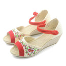 White Embroideried Sandals SplicingBuckle Strap Wedge Sandals