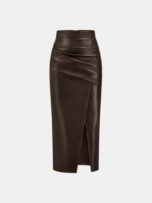 Women's Midi Dress Synthetic Leather Elegant With Slit 7