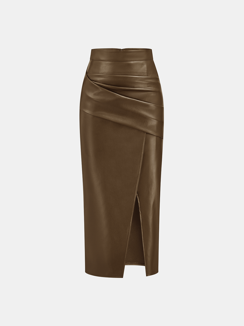 Women's Midi Dress Synthetic Leather Elegant With Slit 9