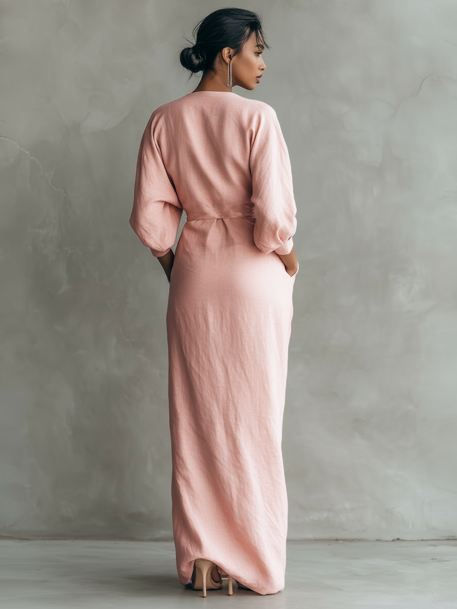 Women's Pink Minimalist V-Neck Maxi Dress: Effortless Elegance for Summer