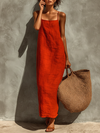 Women's Red Cotton Maxi Dress: Effortless Comfort for Summer Days