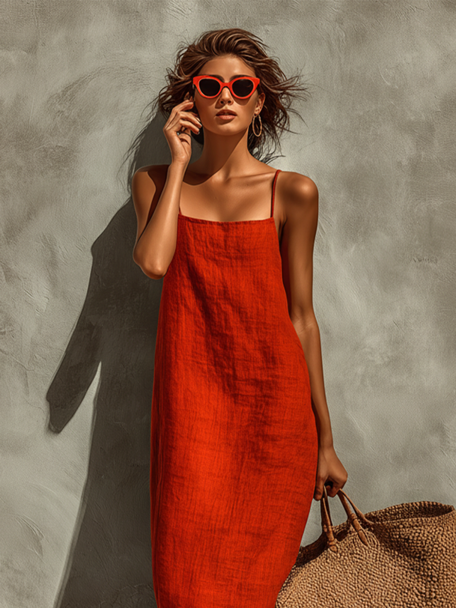 Women's Red Cotton Maxi Dress: Effortless Comfort for Summer Days 2