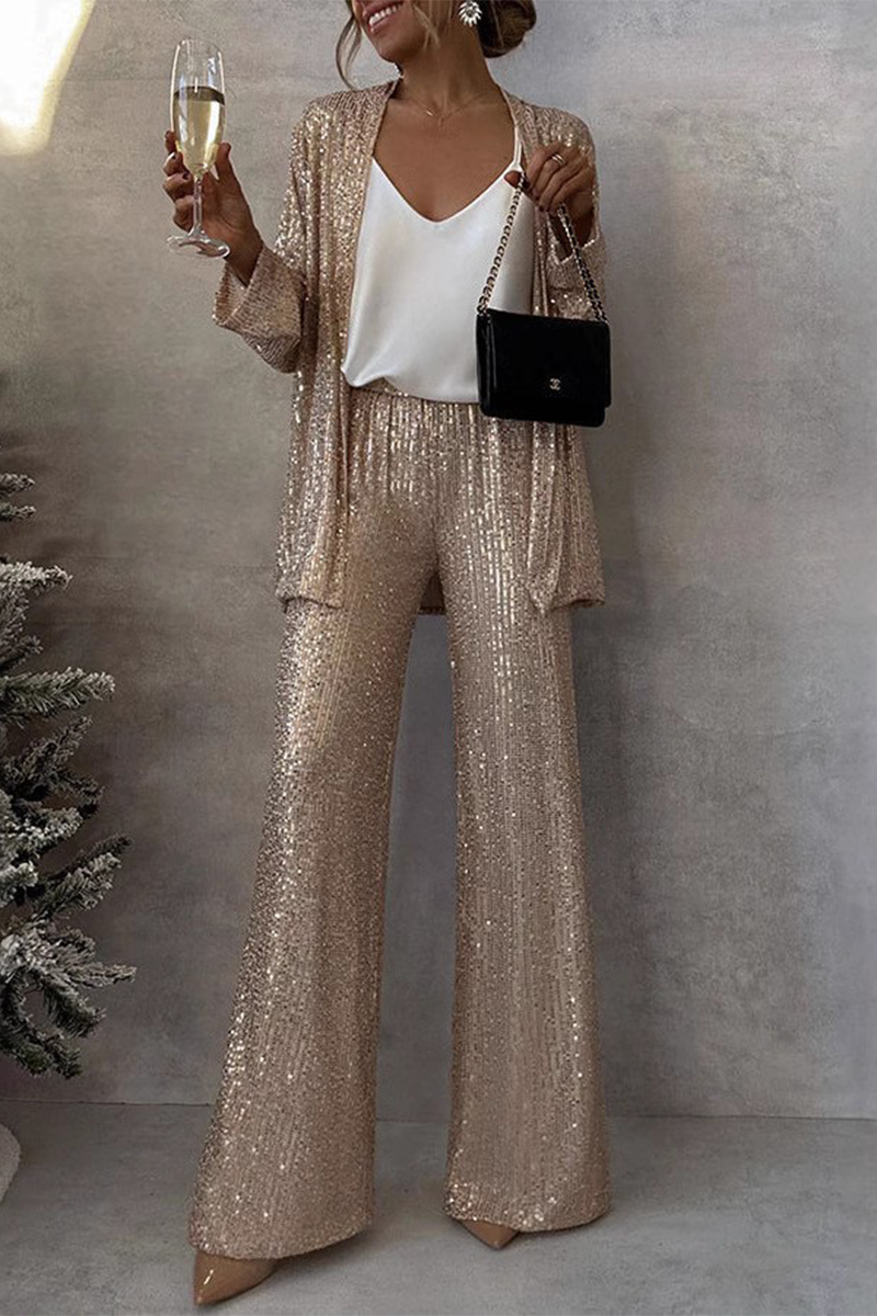 Women's Sequin Jacket and Wide-Legged Pants Set 0
