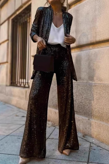 Women's Sequin Jacket and Wide-Legged Pants Set 1