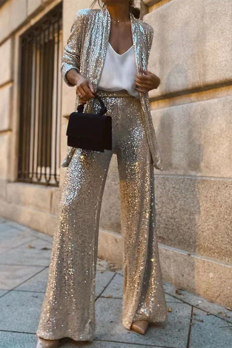 Women's Sequin Jacket and Wide-Legged Pants Set 2