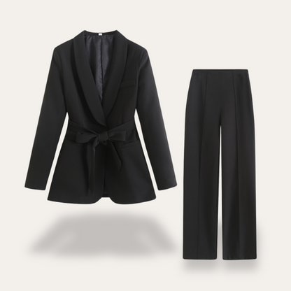 Women’s Belted Blazer and Wide-Leg Trousers Set – Elegant Tailored Two-Piece