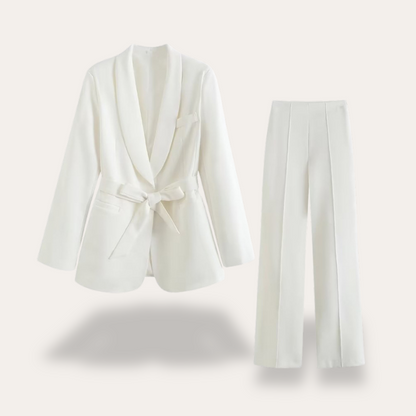 Women’s Belted Blazer and Wide-Leg Trousers Set – Elegant Tailored Two-Piece