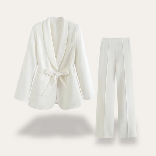 Women’s Belted Blazer and Wide-Leg Trousers Set – Elegant Tailored Two-Piece