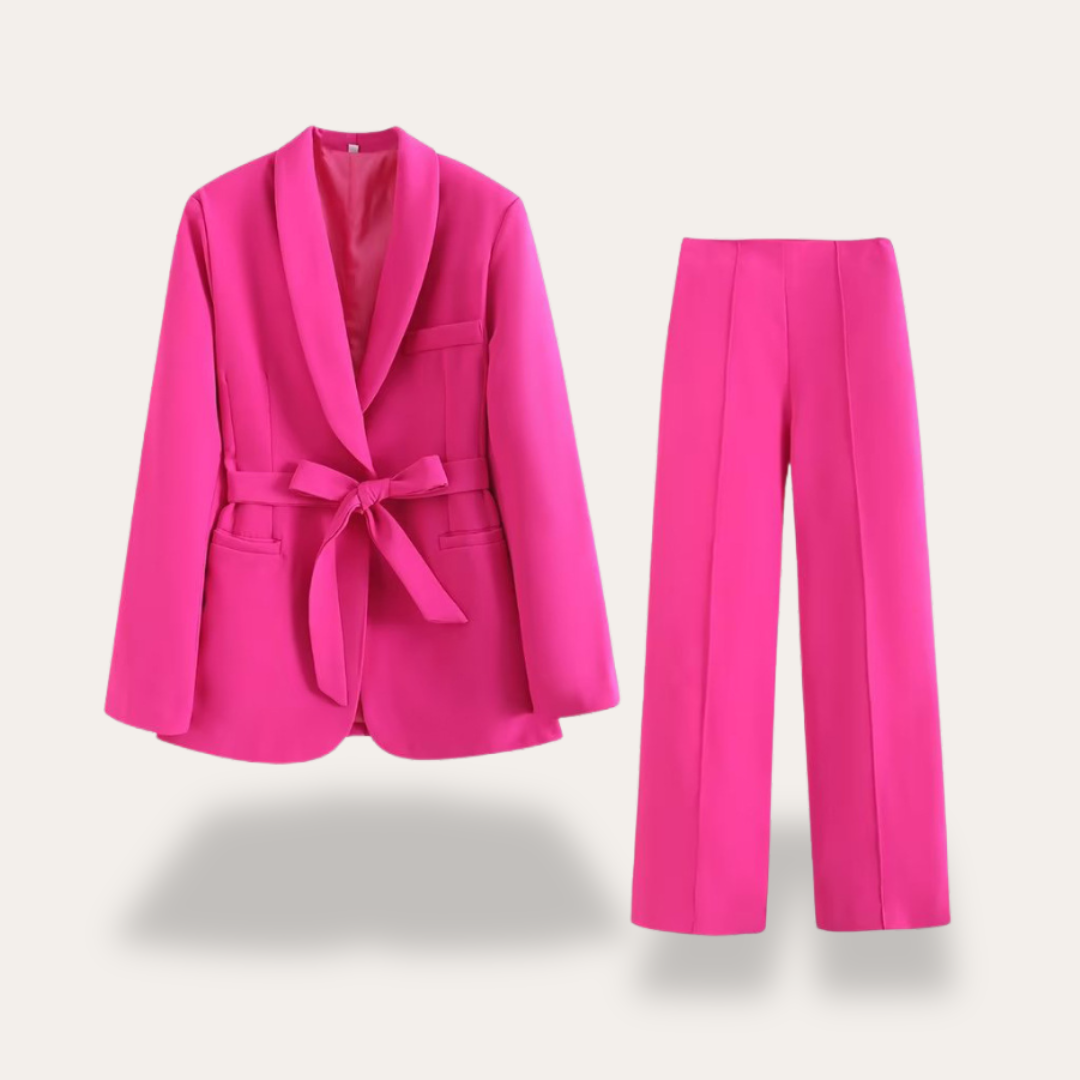 Women’s Belted Blazer and Wide-Leg Trousers Set – Elegant Tailored Two-Piece