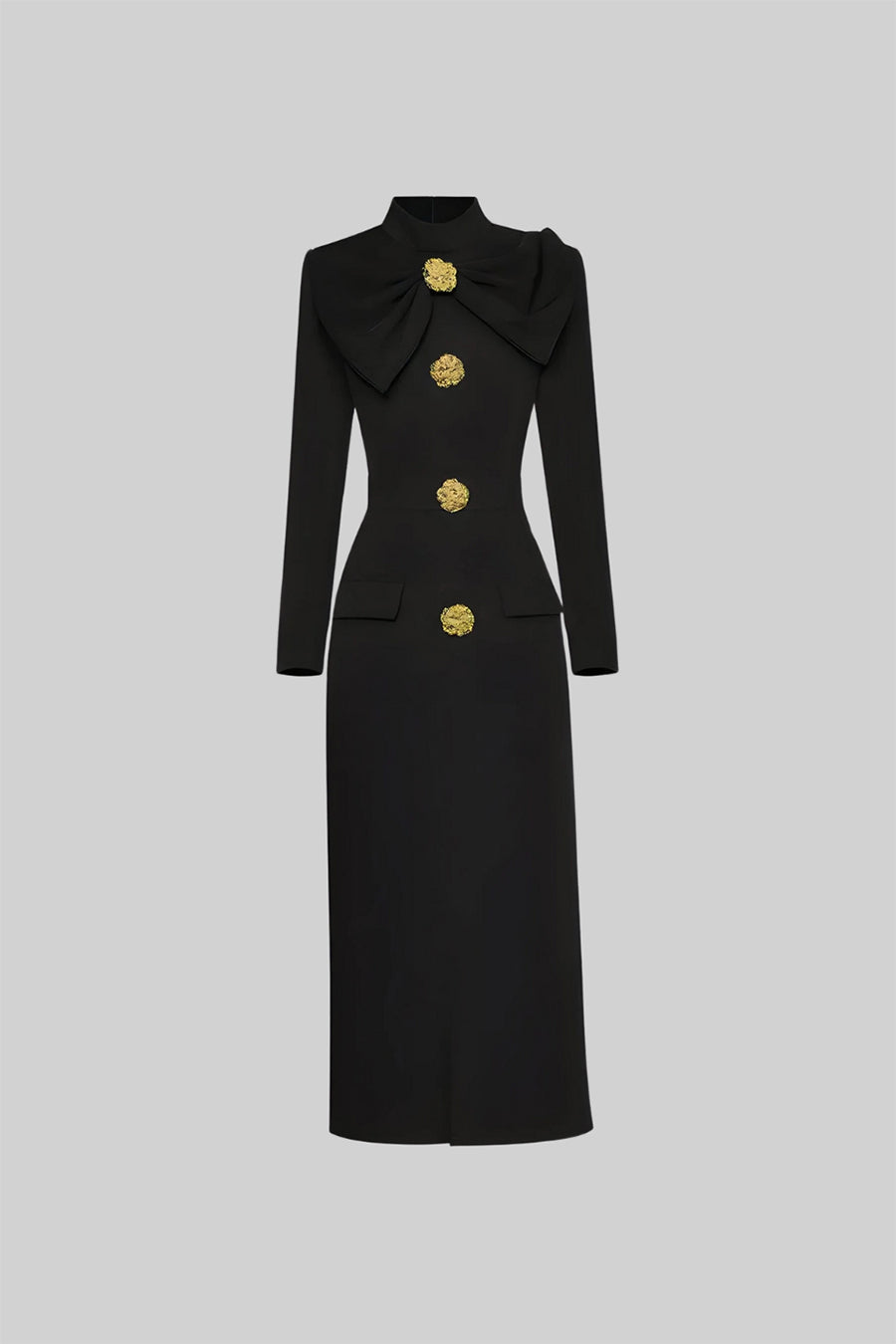 Women’s Black Long Sleeve Formal Midi Dress – Elegant Bow Detail with Gold Buttons