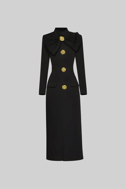 Women’s Black Long Sleeve Formal Midi Dress – Elegant Bow Detail with Gold Buttons