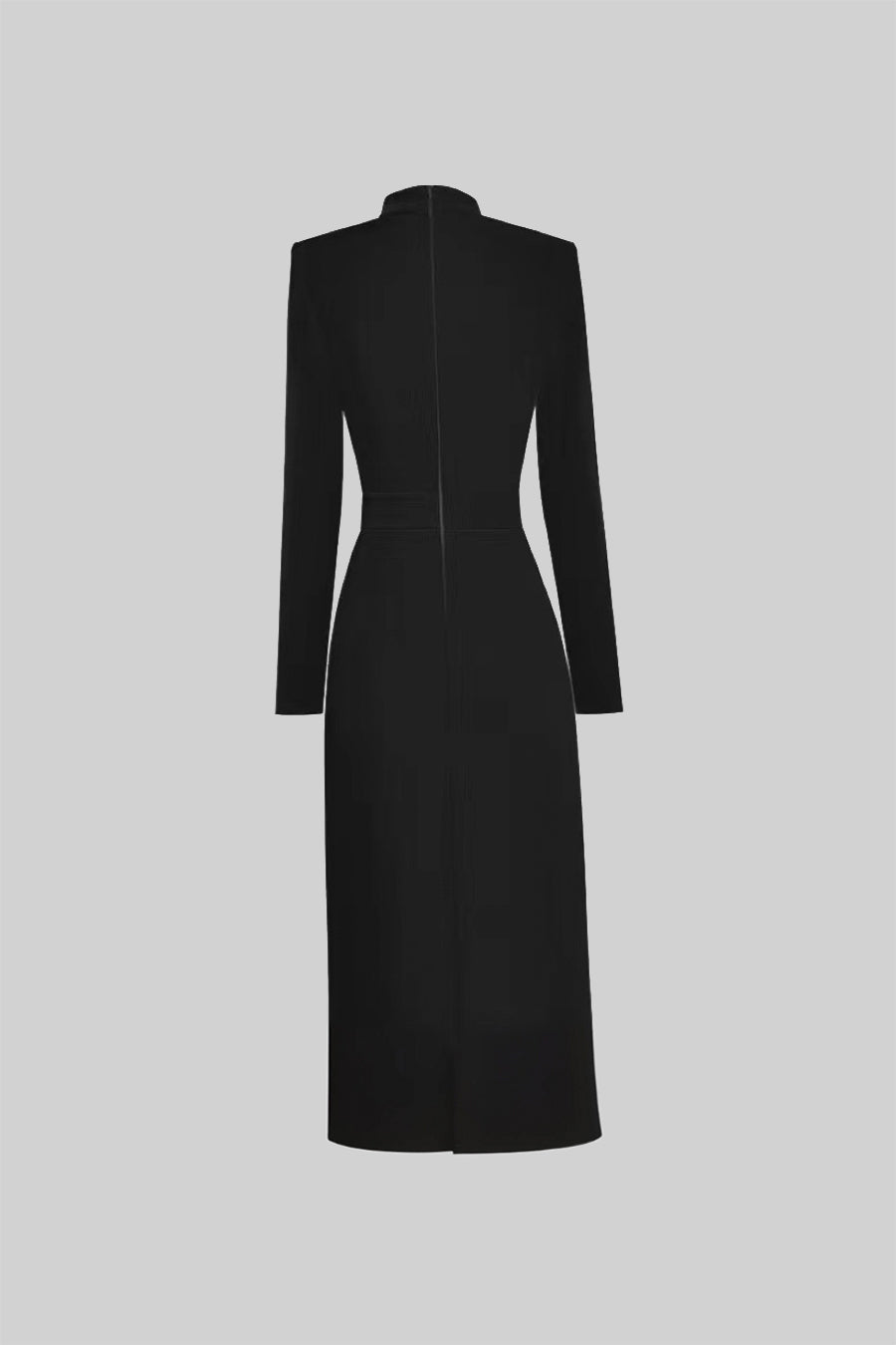 Women’s Black Long Sleeve Formal Midi Dress – Elegant Bow Detail with Gold Buttons