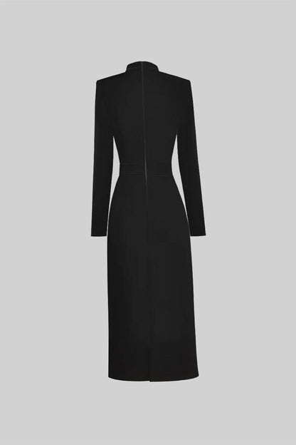 Women’s Black Long Sleeve Formal Midi Dress – Elegant Bow Detail with Gold Buttons