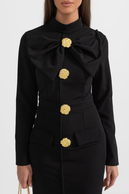 Women’s Black Long Sleeve Formal Midi Dress – Elegant Bow Detail with Gold Buttons