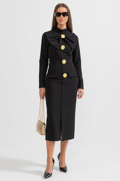 Women’s Black Long Sleeve Formal Midi Dress – Elegant Bow Detail with Gold Buttons