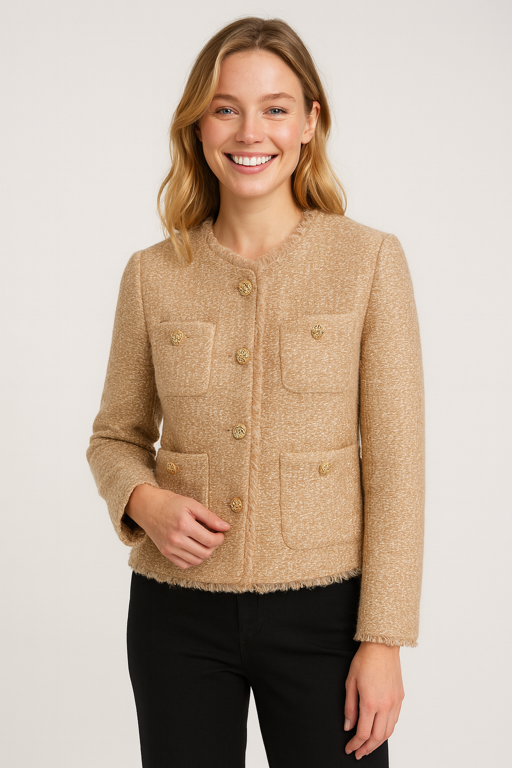 Women’s Blazer Jacket – Collarless, Gold Buttons, Four Pockets