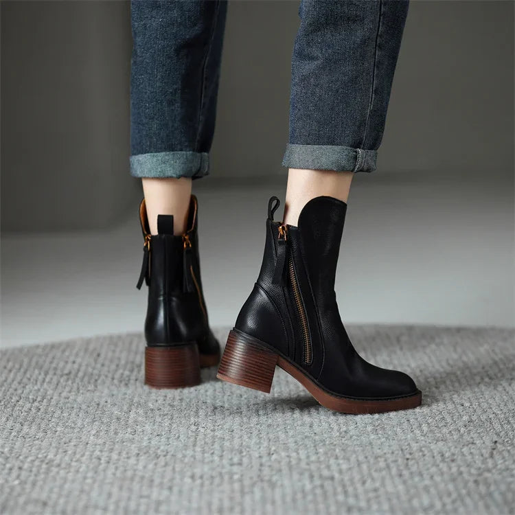 Women’s Block Heel Zip Boots – Sleek Round-Toe Ankle Style