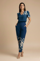 Women’s Blouse and Trousers Set – V-Neck Short Sleeve Top with Patterned Straight-Leg Trousers for Smart Casual Wear