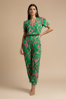 Women’s Blouse and Trousers Set – V-Neck Short Sleeve Top with Patterned Straight-Leg Trousers for Smart Casual Wear