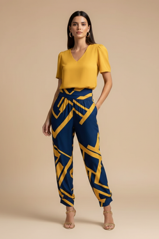 Women’s Blouse and Trousers Set – V-Neck Short Sleeve Top with Patterned Straight-Leg Trousers for Smart Casual Wear