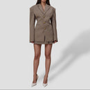 Women’s Brown Vintage Checkered Blazer with Gold Buttons – Longline Jacket