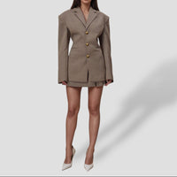 Women’s Brown Vintage Checkered Blazer with Gold Buttons – Longline Jacket
