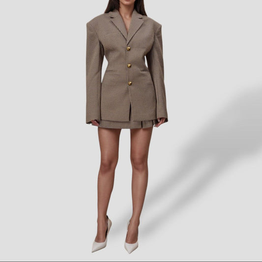 Women’s Brown Vintage Checkered Blazer with Gold Buttons – Longline Jacket