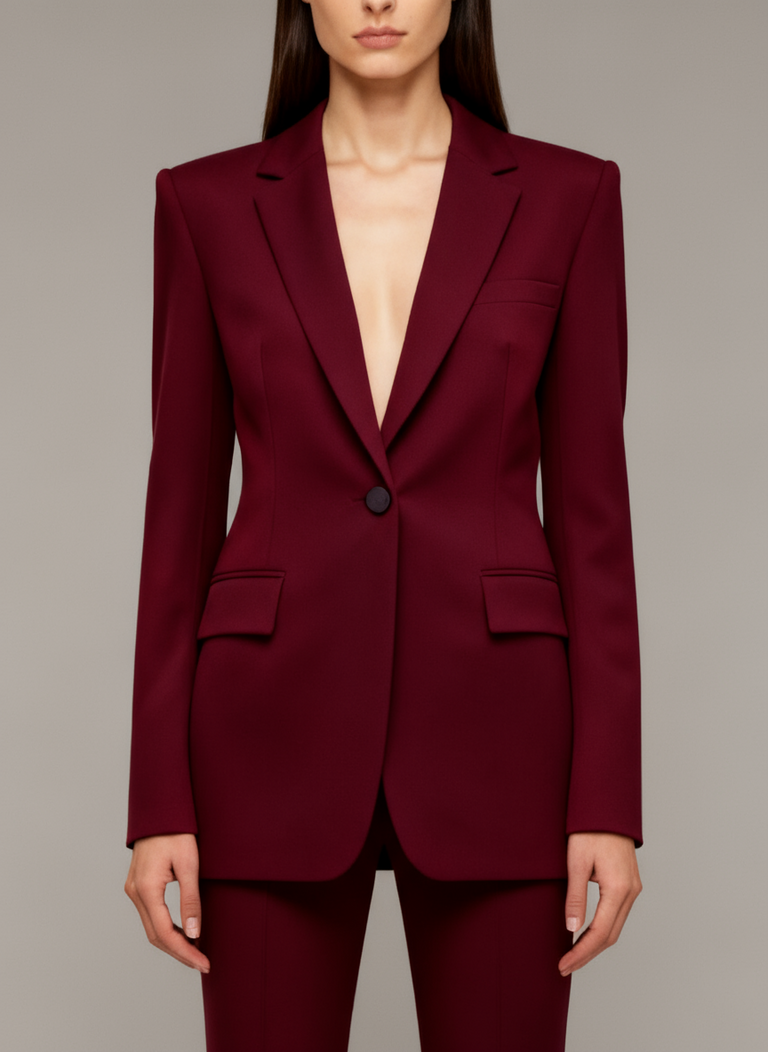 Women’s Burgundy Tailored Two-Piece Suit – Sculpted Blazer and Flared Trousers Set
