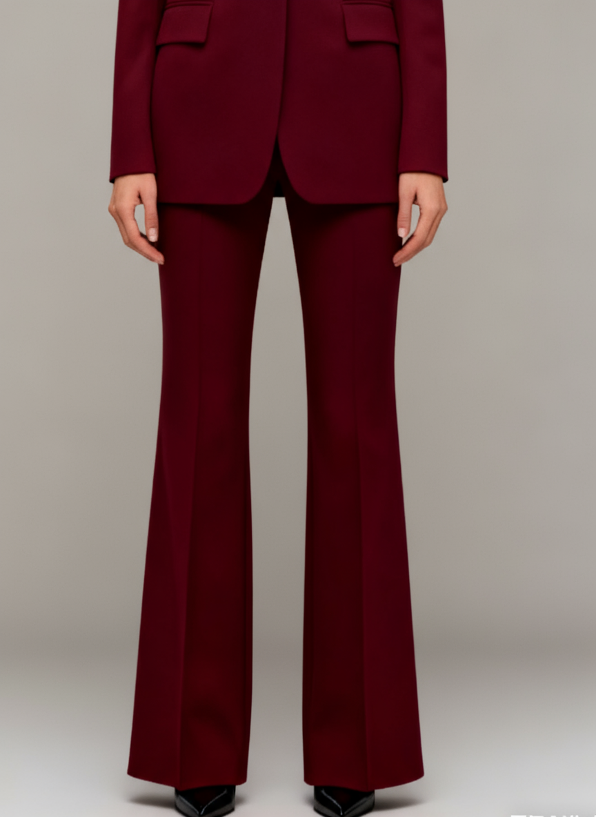 Women’s Burgundy Tailored Two-Piece Suit – Sculpted Blazer and Flared Trousers Set