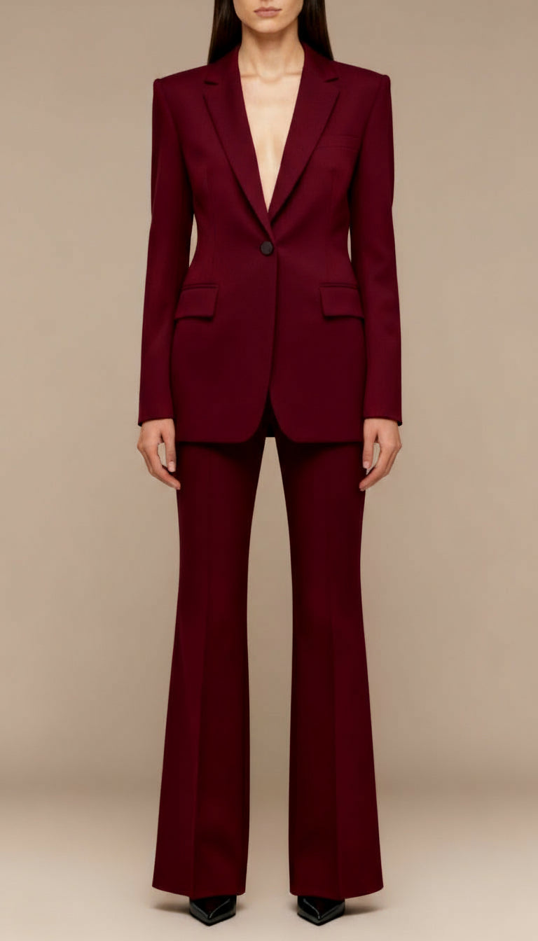 Women’s Burgundy Tailored Two-Piece Suit – Sculpted Blazer and Flared Trousers Set