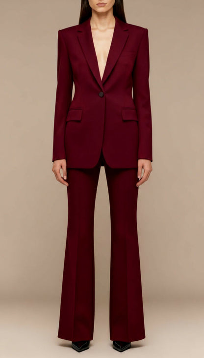Women’s Burgundy Tailored Two-Piece Suit – Sculpted Blazer and Flared Trousers Set