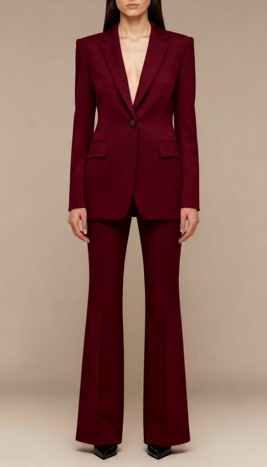 Women’s Burgundy Tailored Two-Piece Suit – Sculpted Blazer and Flared Trousers Set