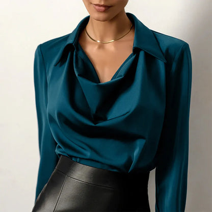 Women’s Cowl Neck Blouse – Long Sleeve Draped Collar Top