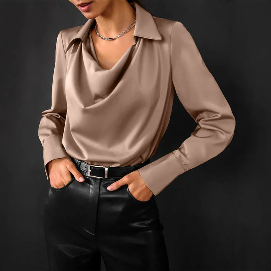Women’s Cowl Neck Blouse – Long Sleeve Draped Collar Top