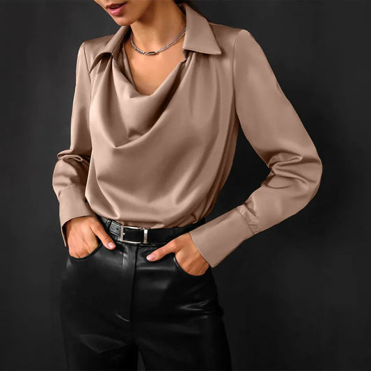 Women’s Cowl Neck Blouse – Long Sleeve Draped Collar Top