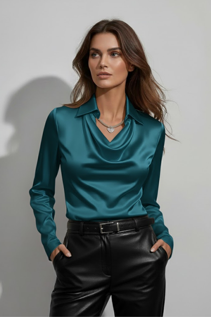Women’s Draped Cowl Neck Blouse – Elegant Long Sleeve Design