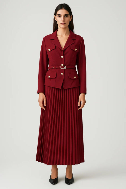 Women’s Elegant Double-Breasted Blazer and Pleated Midi Skirt Set – Tailored Formal Two-Piece in Bordeaux