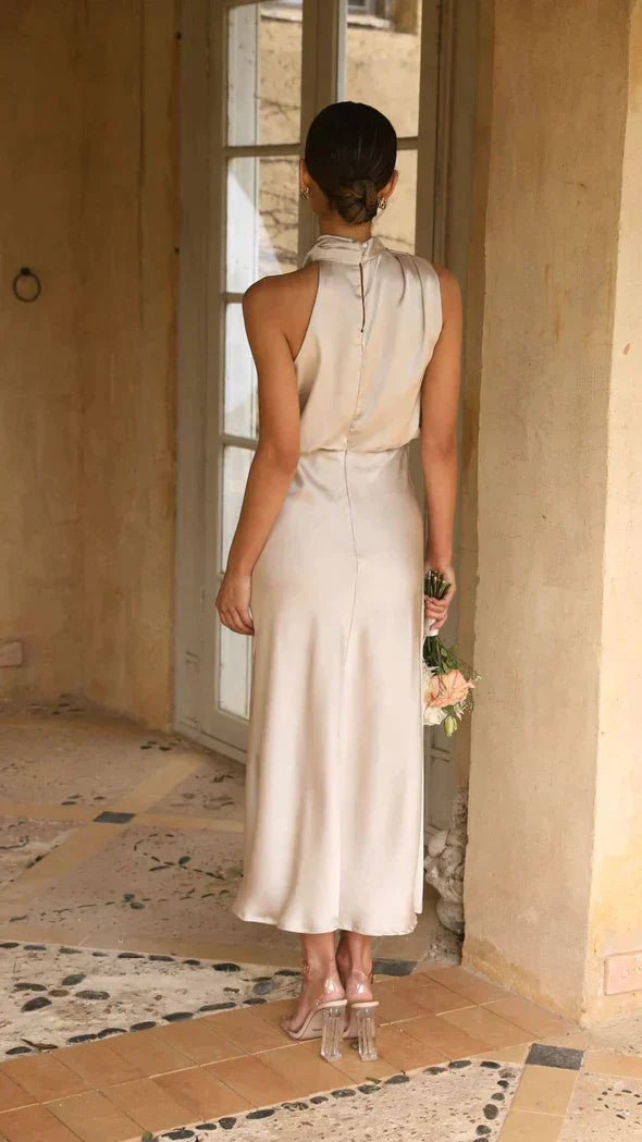 Women’s Elegant Halter Midi Dress – Draped Neckline with Fluid Silhouette