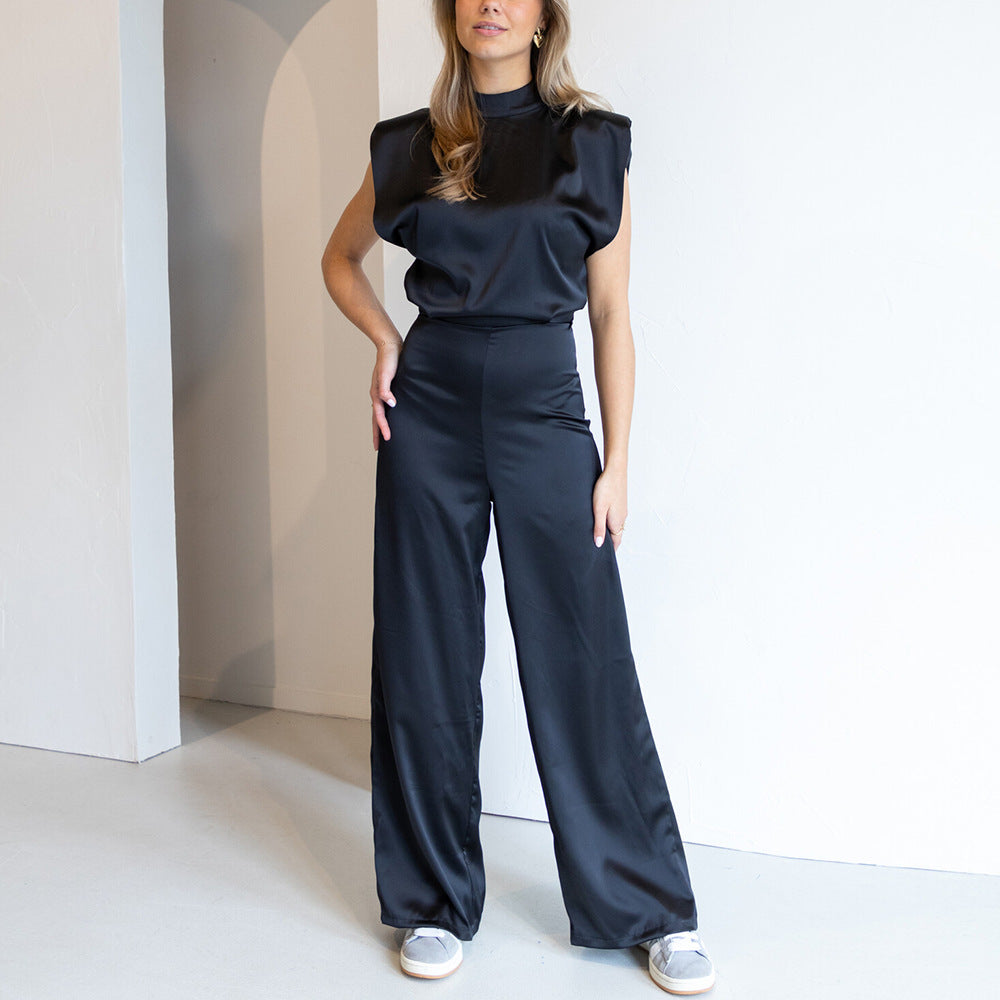 Women’s Elegant Sleeveless Jumpsuit – High Neck Wide Leg One-Piece for Formal Events