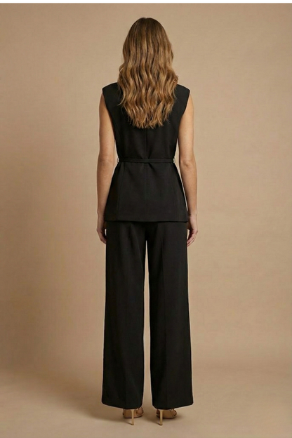 Women’s Elegant Two-Piece Set – Sleeveless Structured Top and Wide-Leg Trousers for Formal and Smart Occasions