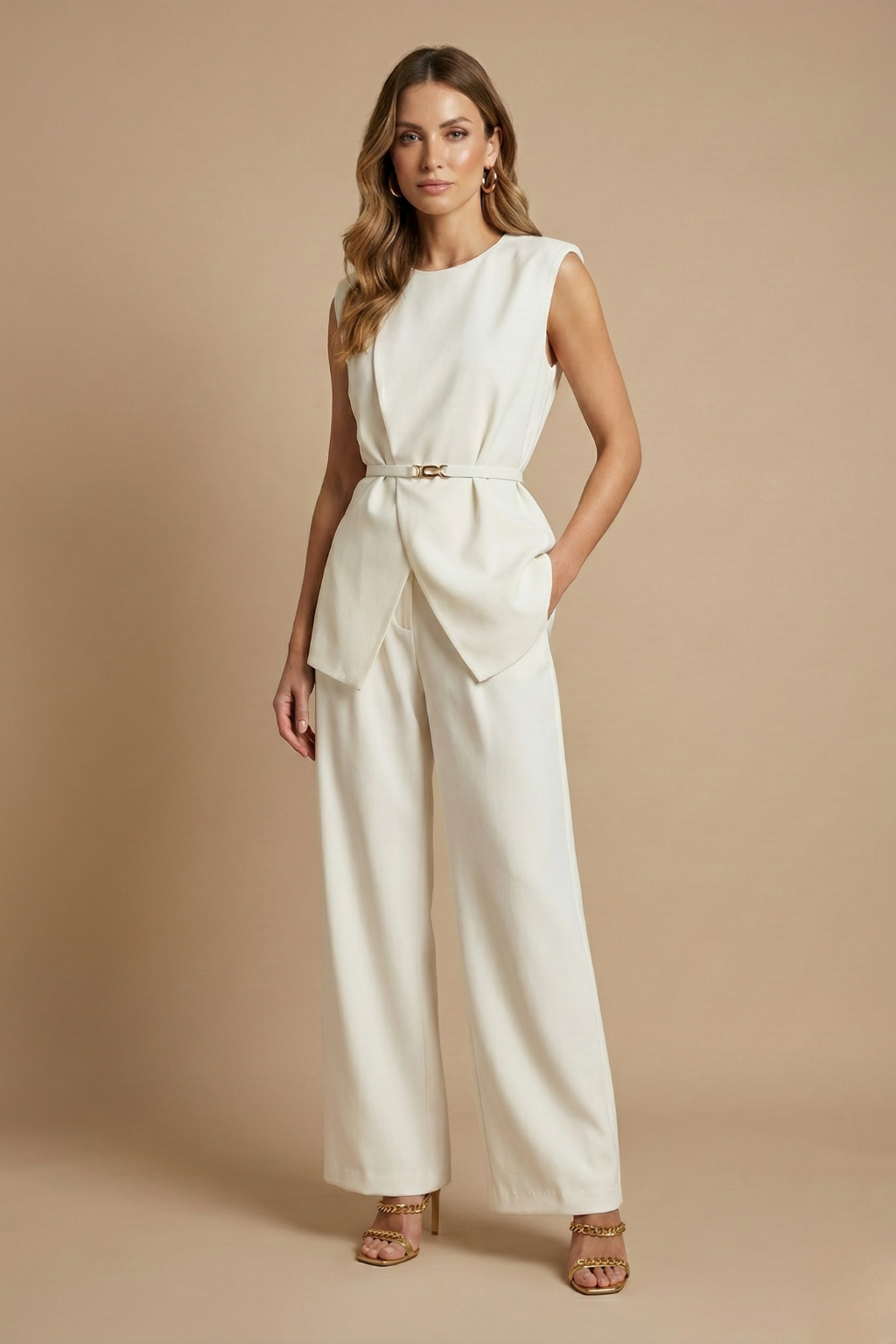 Women’s Elegant Two-Piece Set – Sleeveless Structured Top and Wide-Leg Trousers for Formal and Smart Occasions
