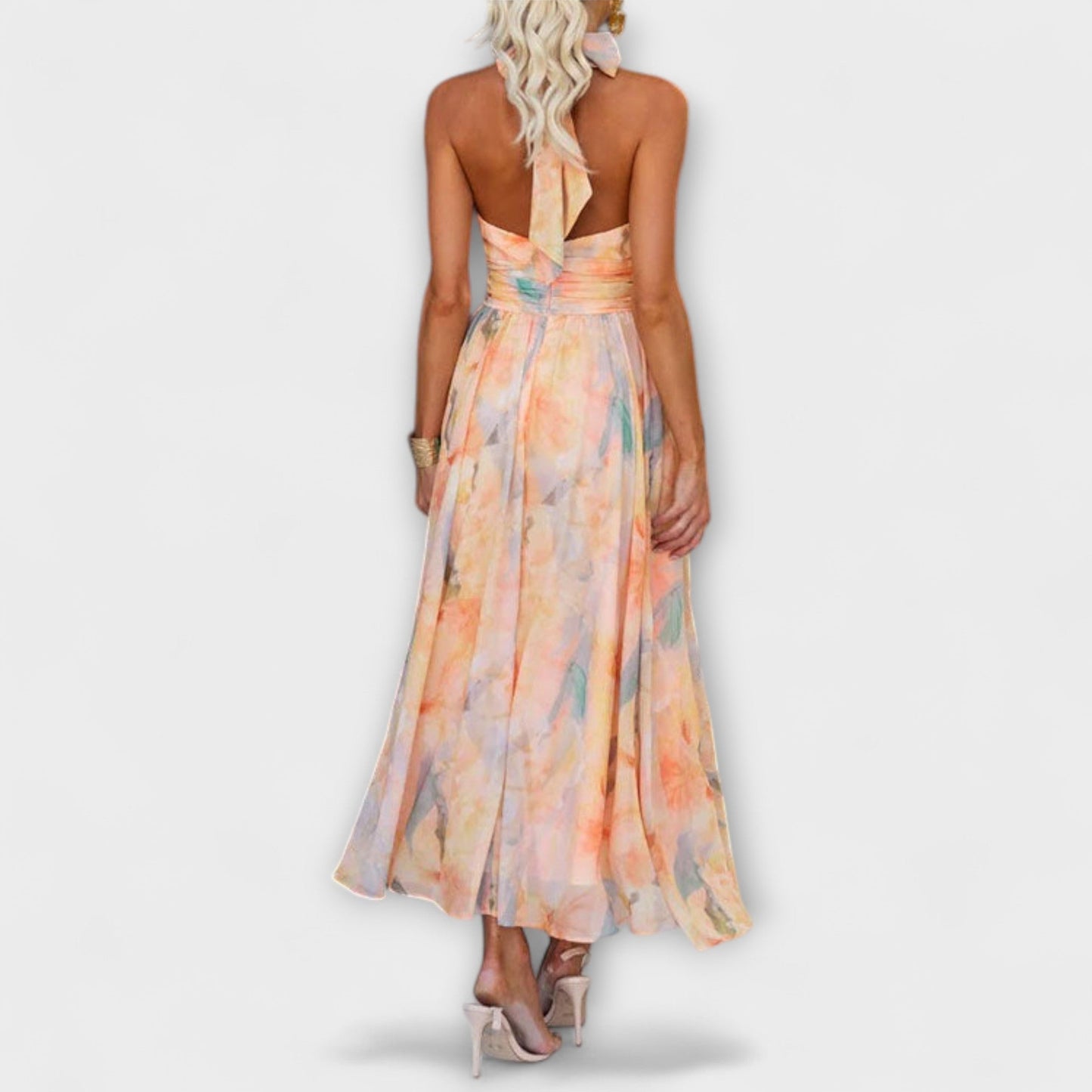 Women’s Flowy Halter Neck Backless Maxi Dress – Watercolour Print