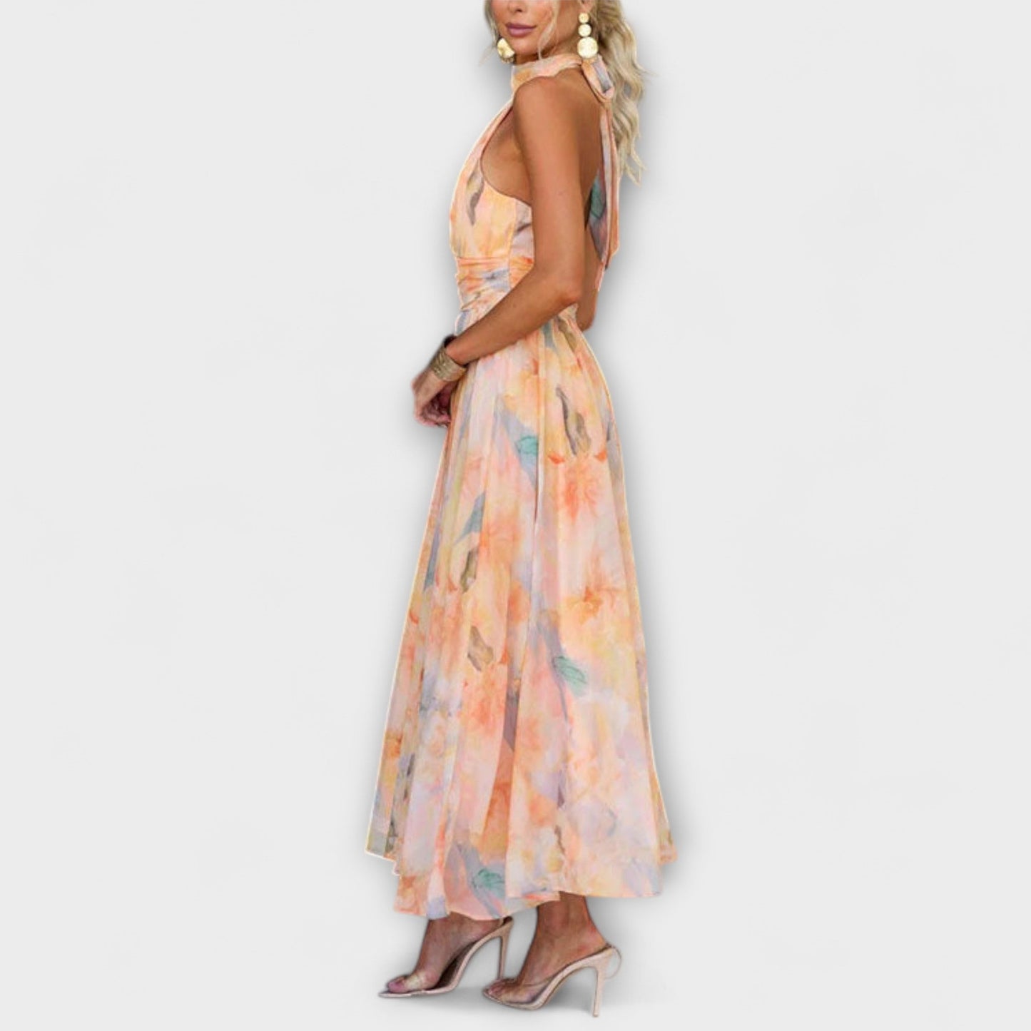 Women’s Flowy Halter Neck Backless Maxi Dress – Watercolour Print