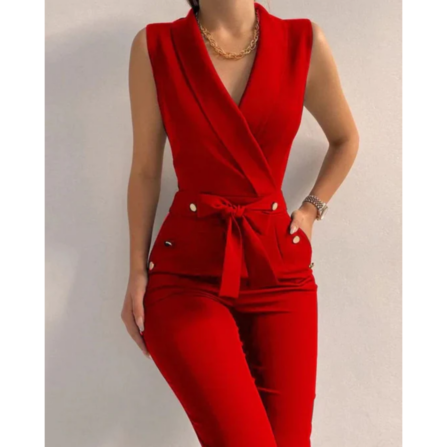 Women’s Formal Tied Jumpsuit – Sleeveless V-Neck