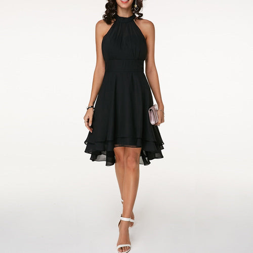 Women’s Halter Midi Dress – Flared Skirt with Ruffle Detailing